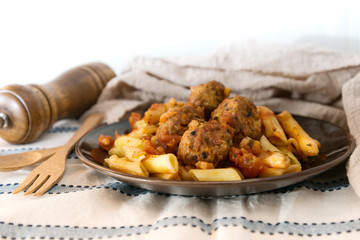 tasty penne with Meat ball and tomato sauce