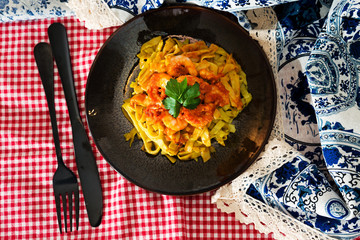 Pasta with Shrimp Dinner Dish on a the table