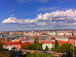 Naklejka na ściany i meble Magical Budapest city view with red roofs and Danube in sunny day