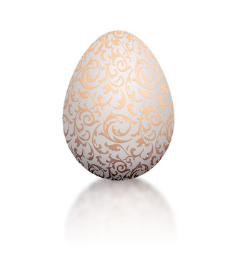 White natural color realistic egg with red golden metallic floral pattern. Isolated on white background with reflection. Vintage banner, card, poster for Easter, business benefit concept.