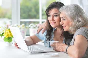 Two elderly girlfriends with a laptop