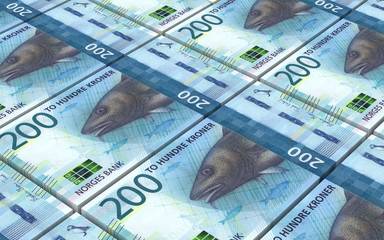 Norwegian krone bills stacks background. 3D illustration