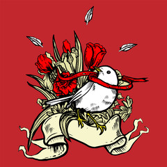 Poppy Wild Flowers with leaves And Birds Illustrator