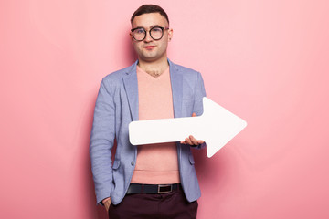 Handsome man in bright jacket with speech pointer