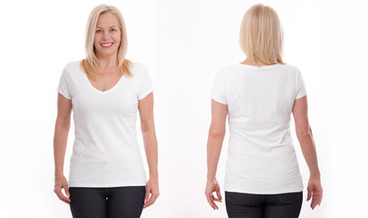 T-shirt design and people concept - close up of woman in blank white t-shirt, shirt front isolated. Mock up.