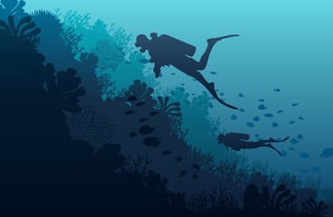 Silhouette of diver, coral reef and underwater cave on a blue sea background. Vector illustration.