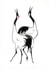Рисунок тушью "Танец японских журавлей"
