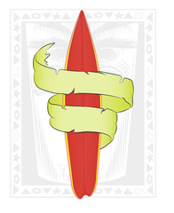 vector illustration of a surfboard red. wrapped with ribbon for text. ethnic drawings in the background