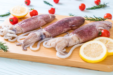 fresh octopus or squids raw on wooden board