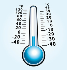 Frozen thermometer with negative temperature. Cold vector icon.