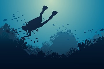 Obraz na płótnie Canvas Silhouette of diver, coral reef and underwater cave on a blue sea background. Vector illustration.