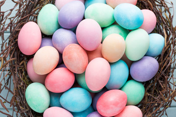 Pastel Easter eggs background. Spring greating card.