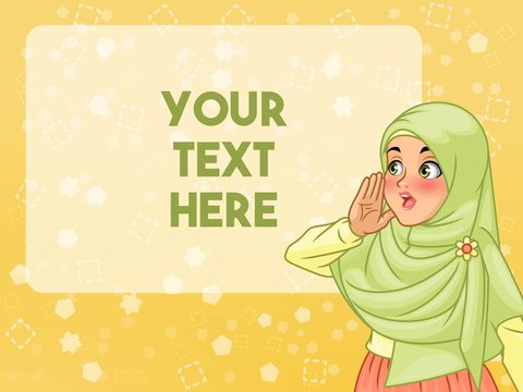 Veiled young muslim woman shout using her hands, cartoon character design, against yellow background, vector illustration.