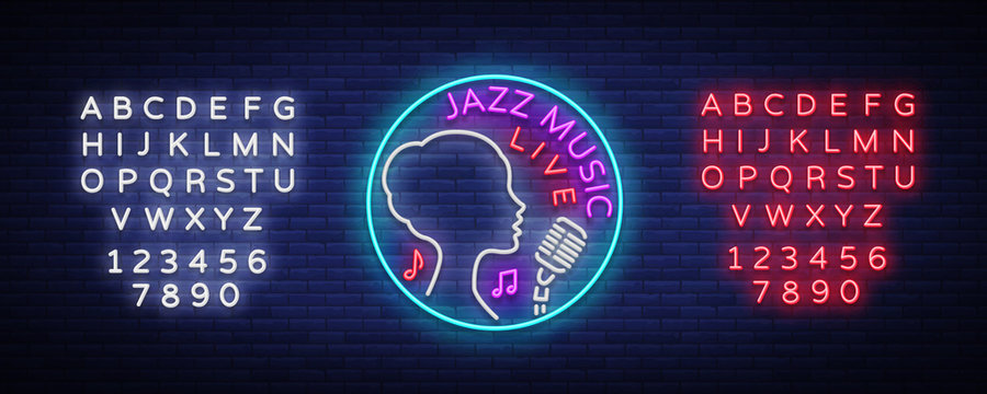 Jazz music is a neon style logo. Neon sign symbol, emblem, light banner, luminous sign. Bright Neon Night Advertising for Jazz Club, Cafe, Bar, Party. Vector illustration. Editing text neon sign