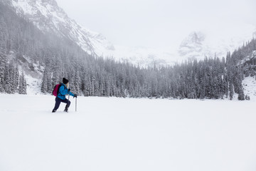 Fototapeta na wymiar Adventurous girl snowshoeing in Joffre Lake, British Columbia, Canada.