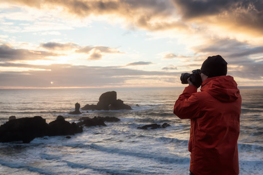 Photographer taking pictures of the beautiful Oregon Coast