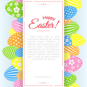 A poster with the text Happy Easter on the background of decorative colored Easter eggs Creative template for advertising cards banners for the Easter holiday Pattern made of decorative eggs Vector