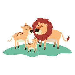 cartoon lions couple and cub over grass in colorful silhouette on white background vector illustration