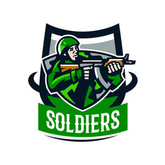 Colorful logo, badge, emblem of a soldier shooting from a submachine gun. Soldier in uniform, helmet, machine gun, military, weapon, camouflage, mascot, shield. Sports identity, vector illustration