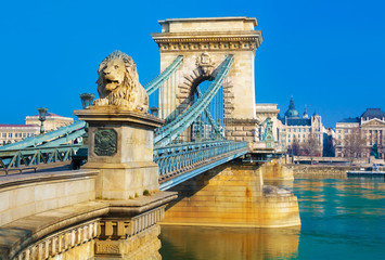 Closeup view of the historic Liberty bridge infrastructure across Danube river in Budapest, Hungary
