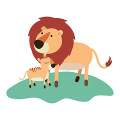 cartoon lion and cub over grass in colorful silhouette on white background vector illustration