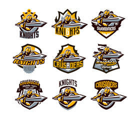 A collection of colorful logos, stickers, emblems, a knight is attacking with a sword. Gold armor of a knight, paladin, swordsman, warrior, shield, lettering. Mascot sports club, vector illustration