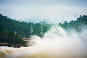 Strong stream of water at the dam hydroelectric Hoa Binh, Vietnam