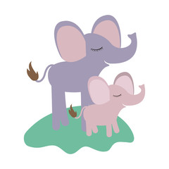cartoon elephant mom and calf over grass in colorful silhouette on white background vector illustration