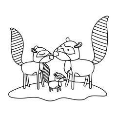 cartoon raccoon couple and cub over grass in monochrome silhouette vector illustration