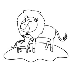 cartoon lion and cub over grass in monochrome silhouette vector illustration