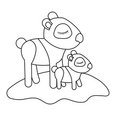 cartoon panda mom with cub over grass in monochrome silhouette vector illustration