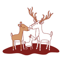 cartoon deer couple and calf over grass in color sections silhouette vector illustration
