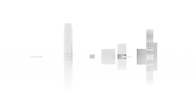 Animazione illustrazione 3D. Sviluppo skyline città su sfondo bianco con riflesso..