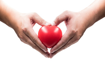Obraz premium Male hands is holding red heart, Health care concept. Isolated on white background