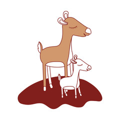 cartoon deer mom and calf over grass in color sections silhouette vector illustration