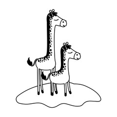 Fototapeta premium cartoon giraffe mom with calf over grass in black silhouette vector illustration