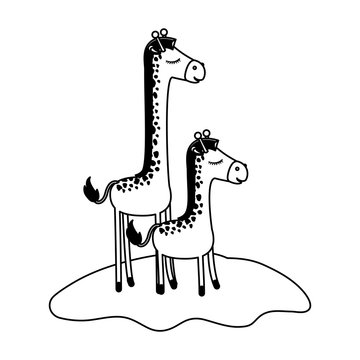 cartoon giraffe mom with calf over grass in black silhouette vector illustration