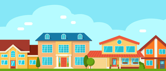 Vector suburban cottage private houses, street view