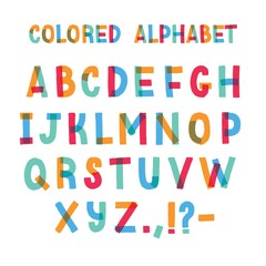 Latin font or decorative english alphabet made of colorful adhesive tape. Set of bright colored stylized letters arranged in alphabetical order and isolated on white background. Vector illustration.