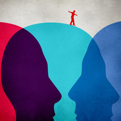 equilibrist walking on colored human heads digital illustration