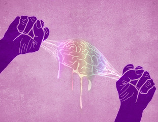 two hands squeezing brain digital illustration