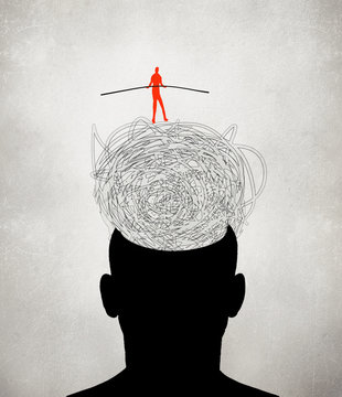 equilibrist walking on muddled thoughts digital illustration