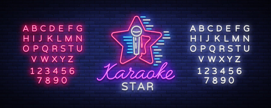 Karaoke Star Vector. Neon sign, luminous logo, symbol, light banner. Advertising bright night karaoke bar, party, disco bar, night club. Live music. Design template. Editing text neon sign