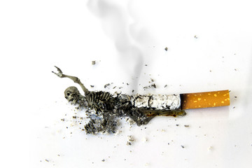 World No Tobacco Day on white background : Cigarette burn ashes human bones. Communicate with...