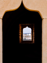 Fortress of Borj El-Kebir Ottoman, particular view of the Arabic style windows carved in the stones of the fortress, Mahdia, Tunisia