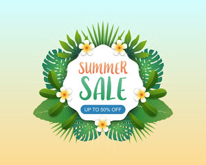 Summer sale background banner with green exotic palm leaves and tropical plants, summer sale concept. Vector illustration