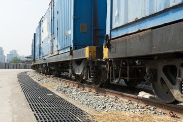 Fototapeta na wymiar Train wheels on tracks with train bogie