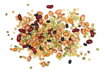 Mixed dried legumes and cereals isolated on white background