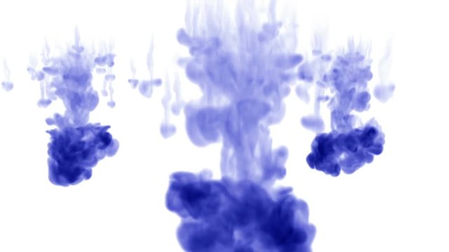 blue ink inject in water on white background. 3d animation with luma matte as alpha channel in slow motion. Use for ink effect, transition or beautiful colorful background. V4