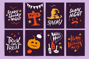 Vector collection of Halloween flat celebration cards, flayers with funny animals, traditional halloween elements and spooky party symbols isolated on black, colored background. Banner, poster design